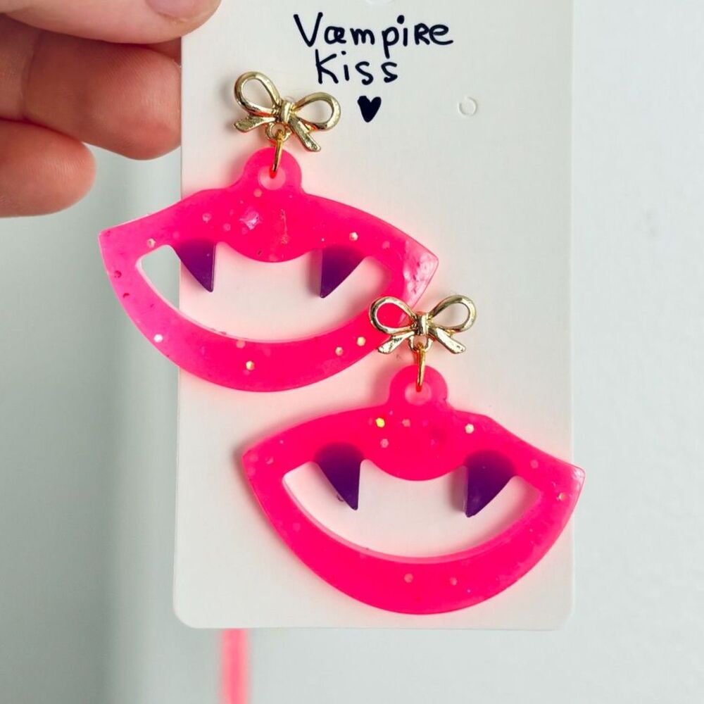 Vampire Fang Earrings Handmade Pink Resin Glow in the Dark Halloween Cute Gothic